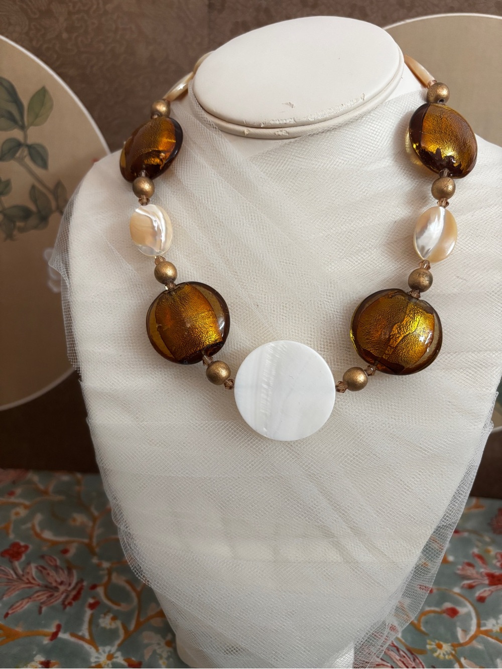 Amber colored glass and mother of pearl Statement Necklace